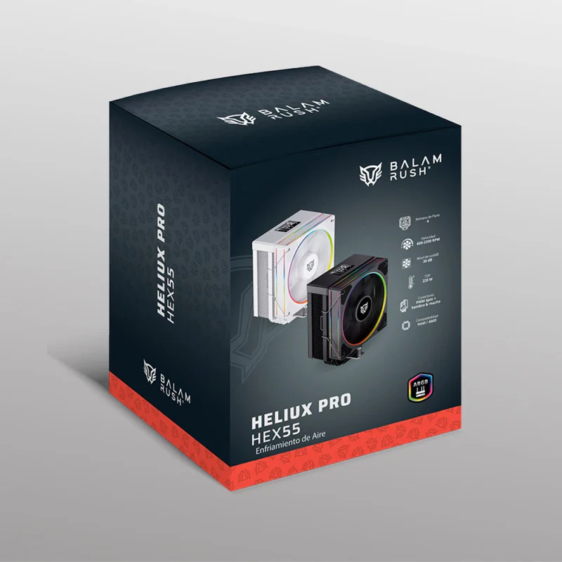 7506215941983 ENFRIAMIENTO DE AIRE BALAM RUSH HELIUX PRO HEX55 VELOCIDAD 600-2200RPM TD 220W CONECTORES PWM 4 PIN + HEMBRA Y MACHO COMPATIBLE CON INTEL Y AMD NEGRO 