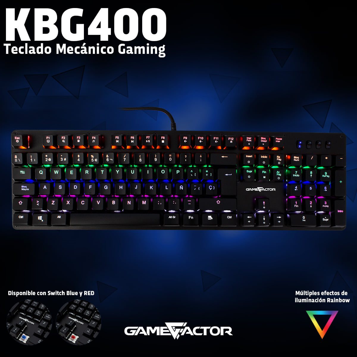 7502266678731 TECLADO MECANICO GAME FACTOR KBG400, RAINBOW, SWITCH RED, USB, NEGRO